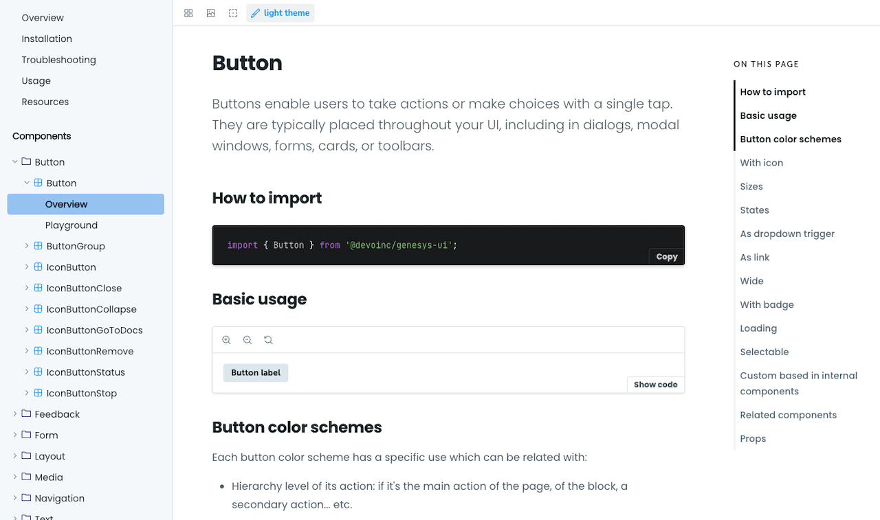 Storybook documentation for components